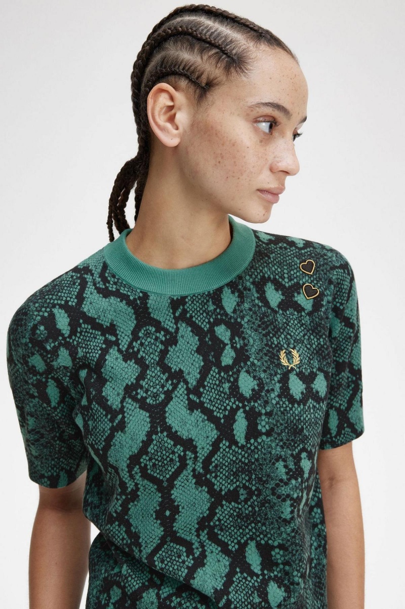 Prendas De Punto Fred Perry Snake Print Jumper Mujer Verde Menta Oscuro | CLZDE85033