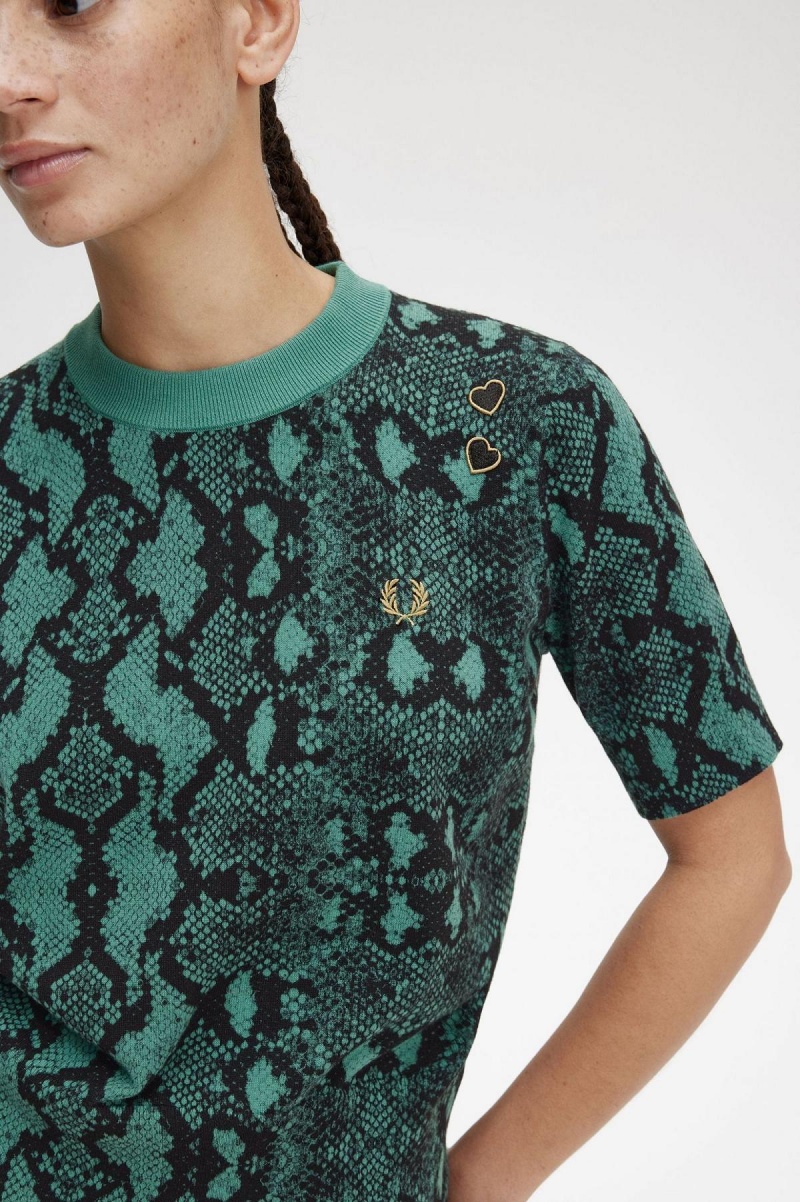 Prendas De Punto Fred Perry Snake Print Jumper Mujer Verde Menta Oscuro | CLZDE85033