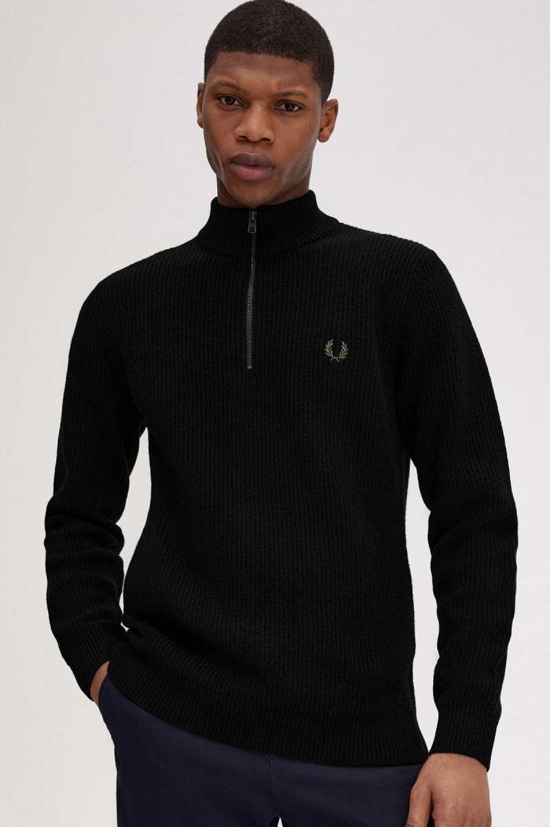 Prendas De Punto Fred Perry Textured Half Zip Jumper Hombre Negras | XCLGW24116