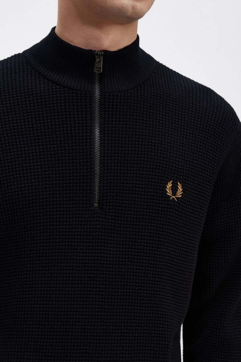 Prendas De Punto Fred Perry Waffle Stitch Half Zip Jumper Hombre Azul Marino | CLEAH48523