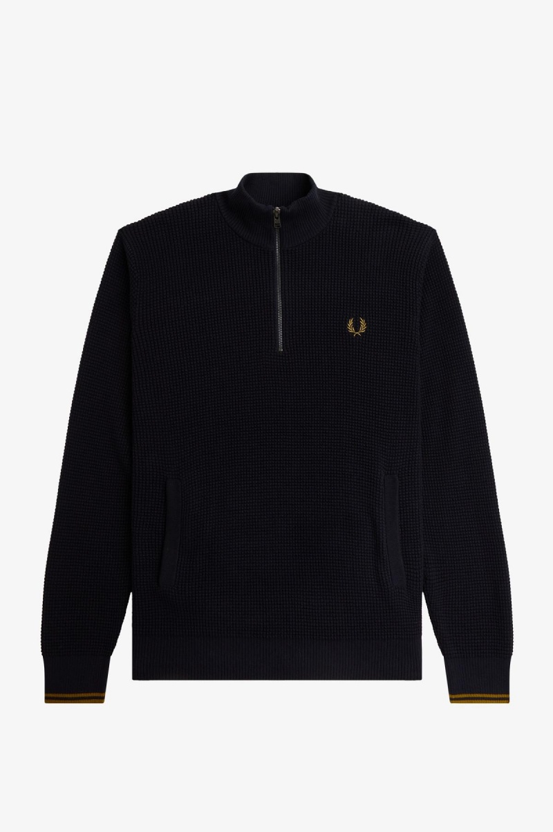 Prendas De Punto Fred Perry Waffle Stitch Half Zip Jumper Hombre Azul Marino | CLEAH48523