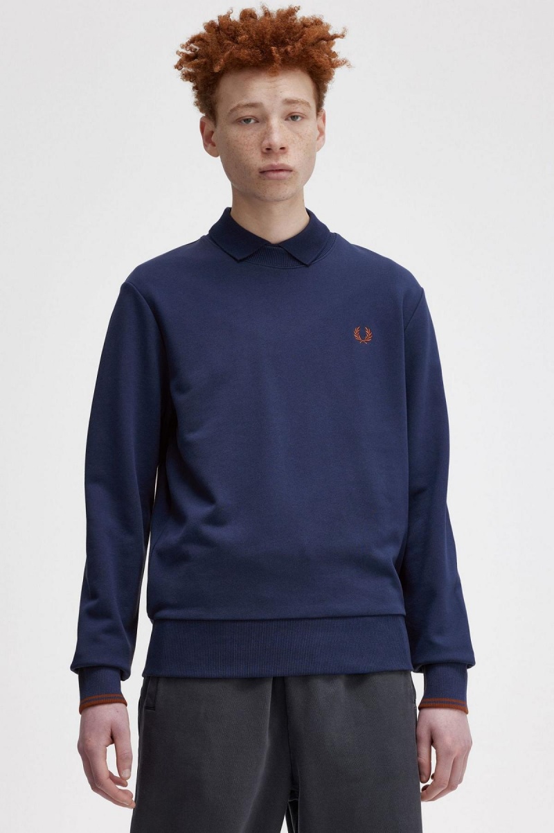 Sudaderas Fred Perry Crew Neck Hombre Azul Marino Marrones | SCLVO89476