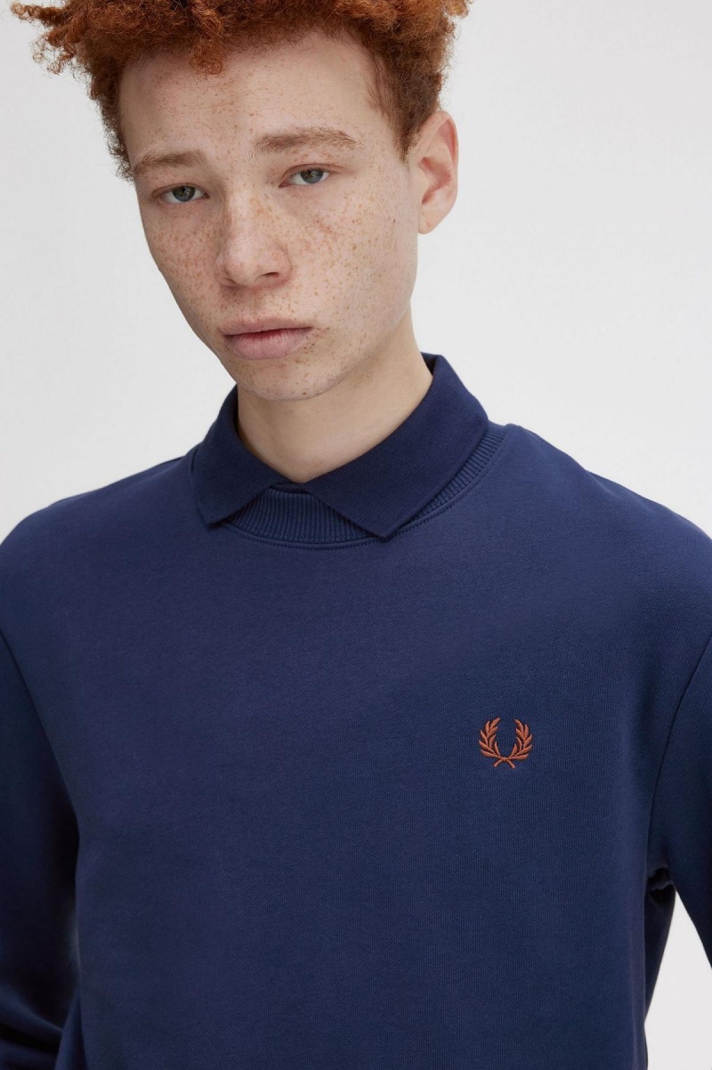 Sudaderas Fred Perry Crew Neck Hombre Azul Marino Marrones | SCLVO89476