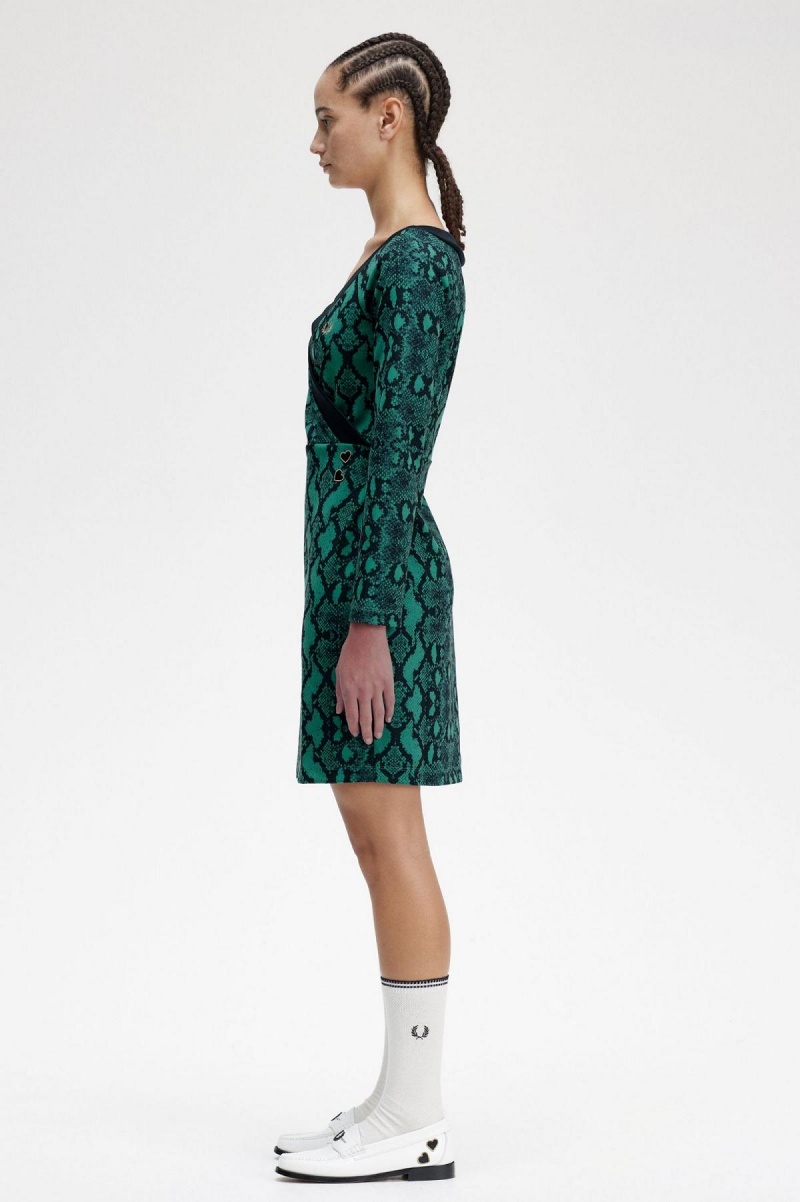 Vestido Fred Perry Off-the-Shoulder Snakeprint Mujer Verde Menta Oscuro | GCLEC23193