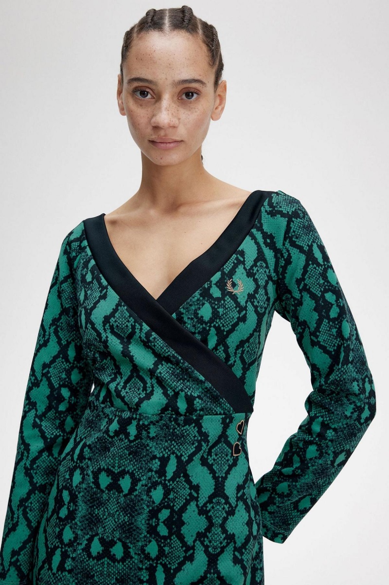 Vestido Fred Perry Off-the-Shoulder Snakeprint Mujer Verde Menta Oscuro | GCLEC23193