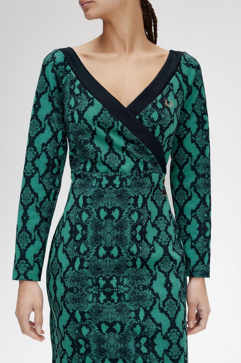 Vestido Fred Perry Off-the-Shoulder Snakeprint Mujer Verde Menta Oscuro | GCLEC23193