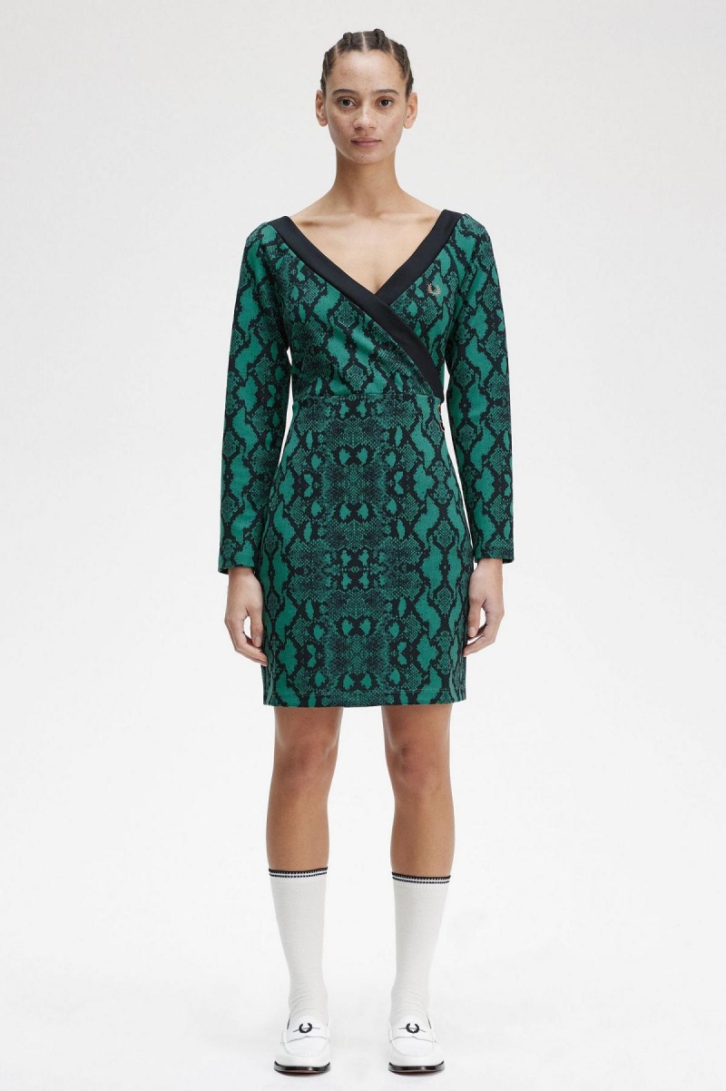 Vestido Fred Perry Off-the-Shoulder Snakeprint Mujer Verde Menta Oscuro | GCLEC23193