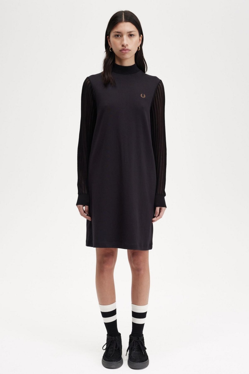 Vestido Fred Perry Sheer Sleeve Mock Neck Mujer Negras | FCLUI50685