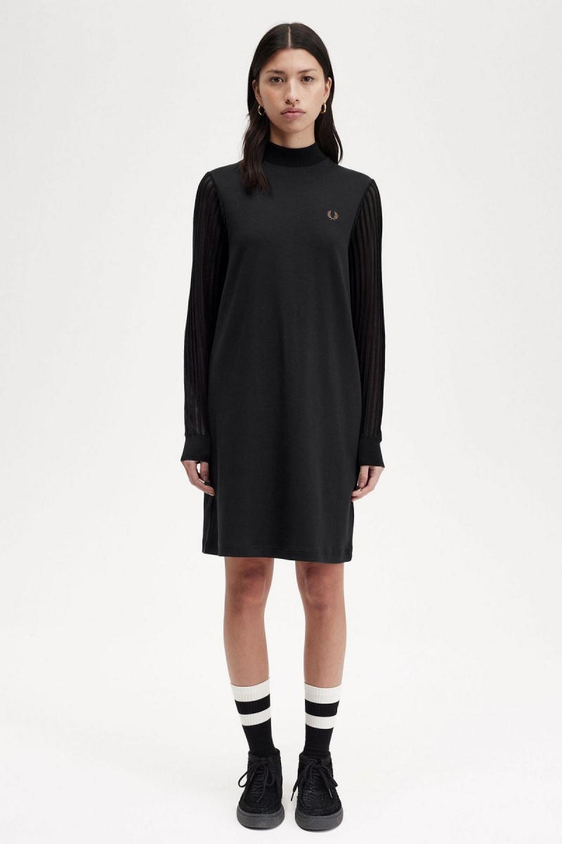 Vestido Fred Perry Sheer Sleeve Mock Neck Mujer Negras | FCLUI50685